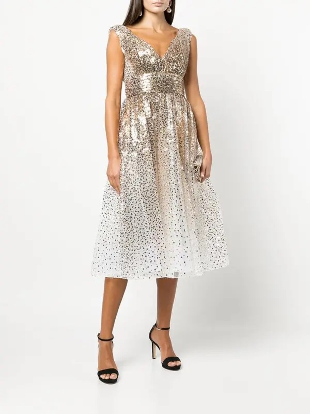 Marchesa Notte Gold Sequin V-Neck Midi Dress